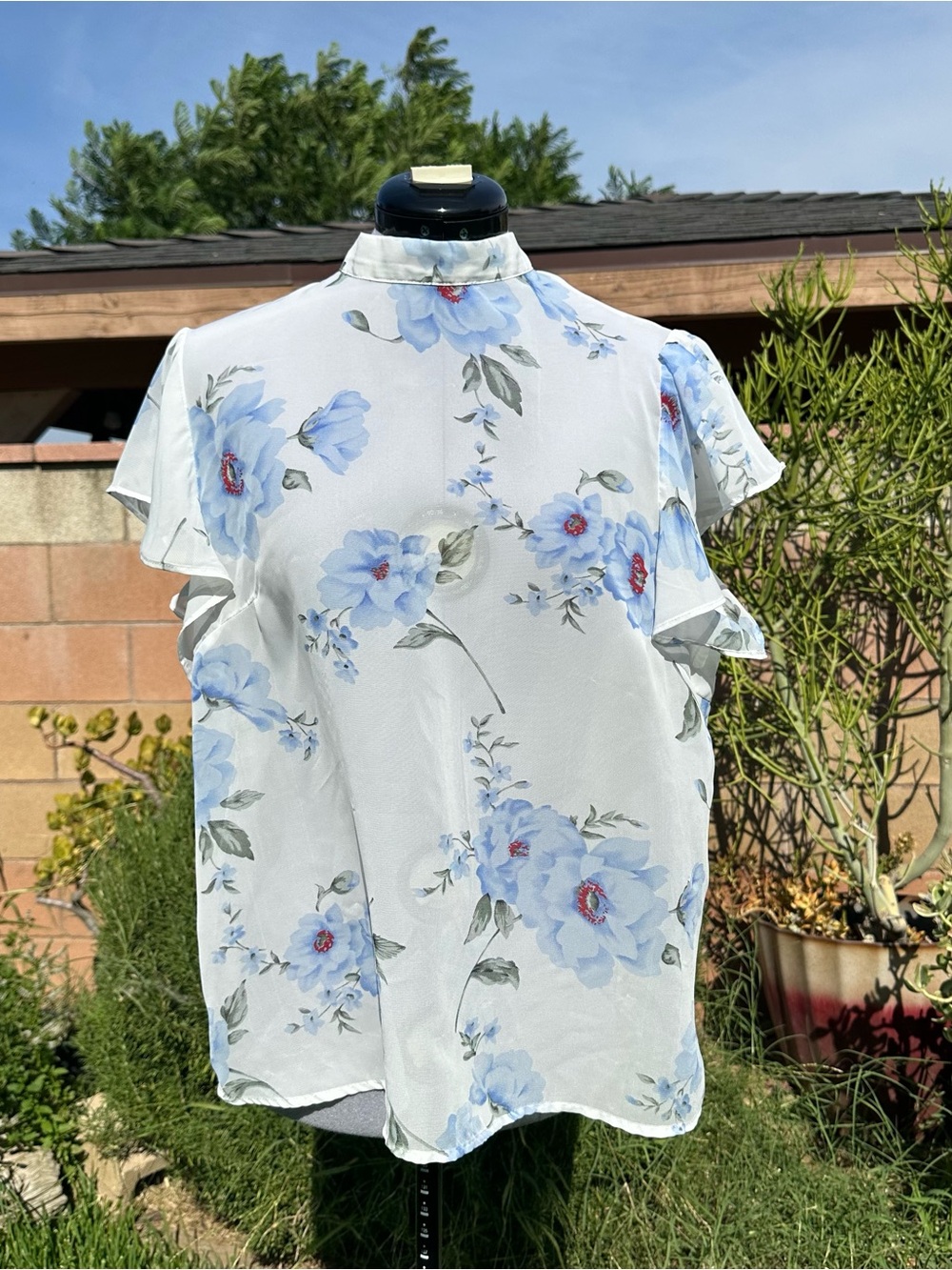 Shein Size XL Blue and White Sheer Tie Up Neck Blouse